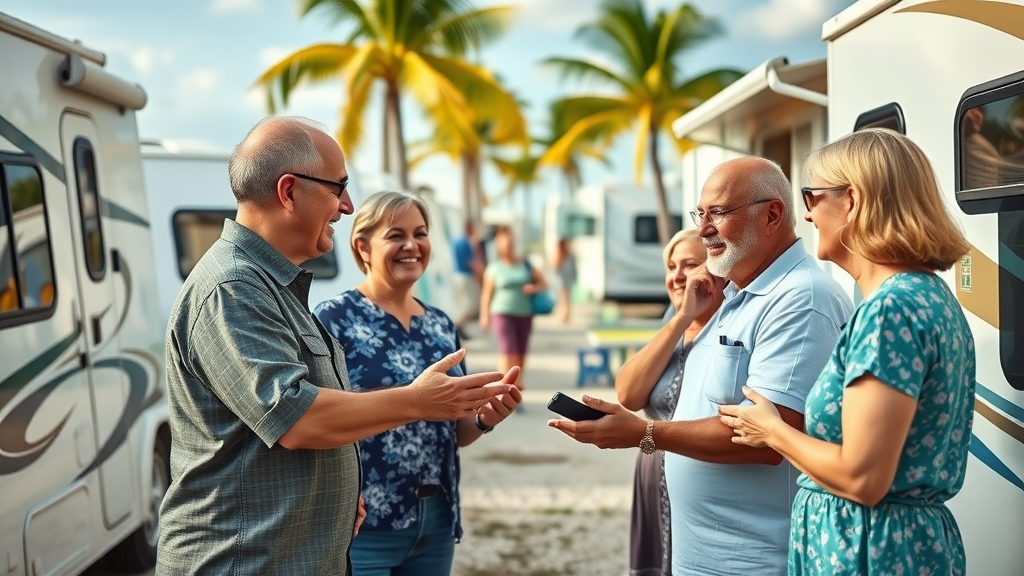 Vibrant RV park showcasing active buyer-seller interactions, emphasizing rv park sales personalized service market visibility