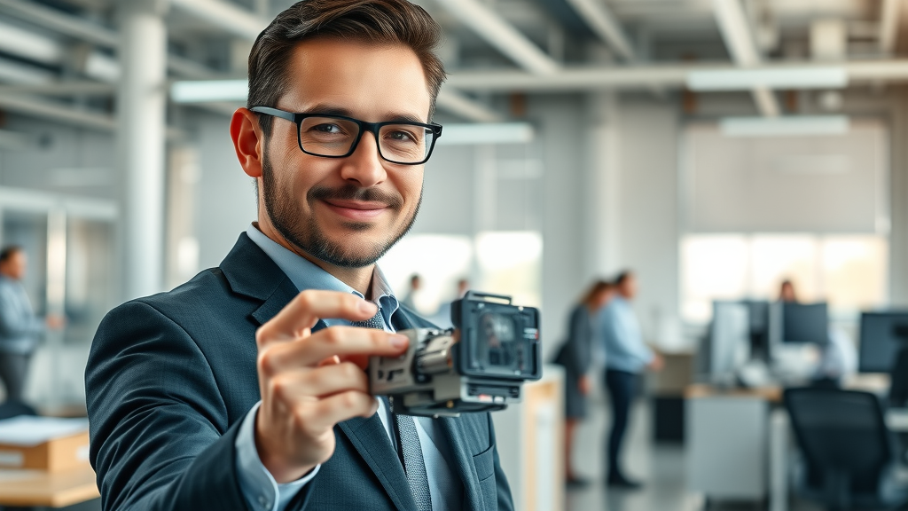 business equipment loans - modern business owner presenting equipment in professional office environment