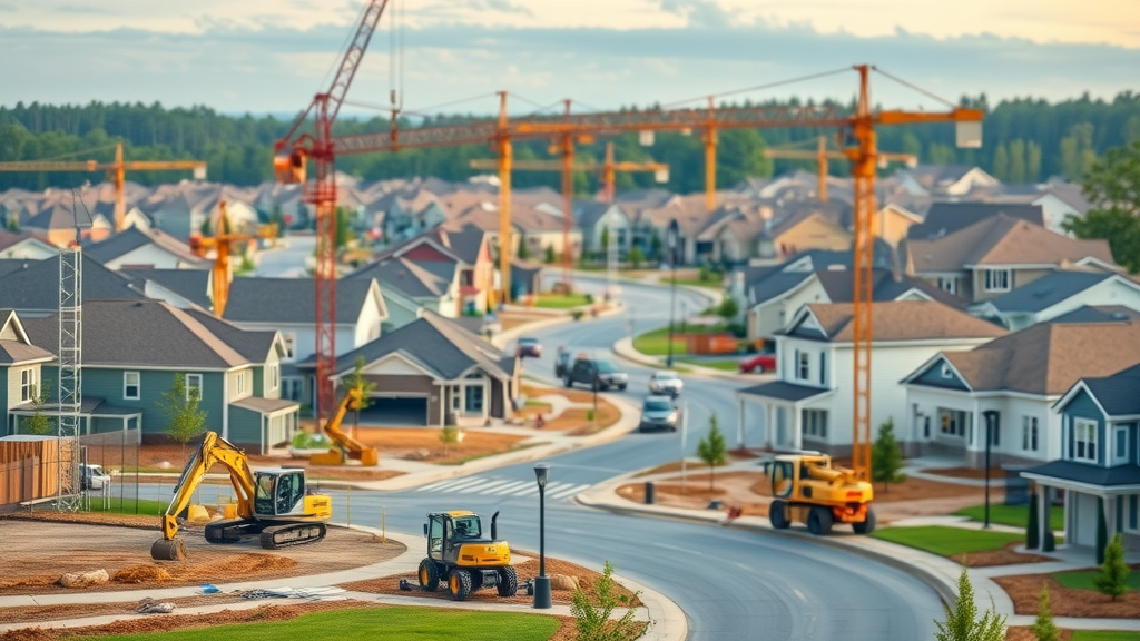 modern subdivision under construction in Tucker GA, cranes and new single family homes with tidy streets
