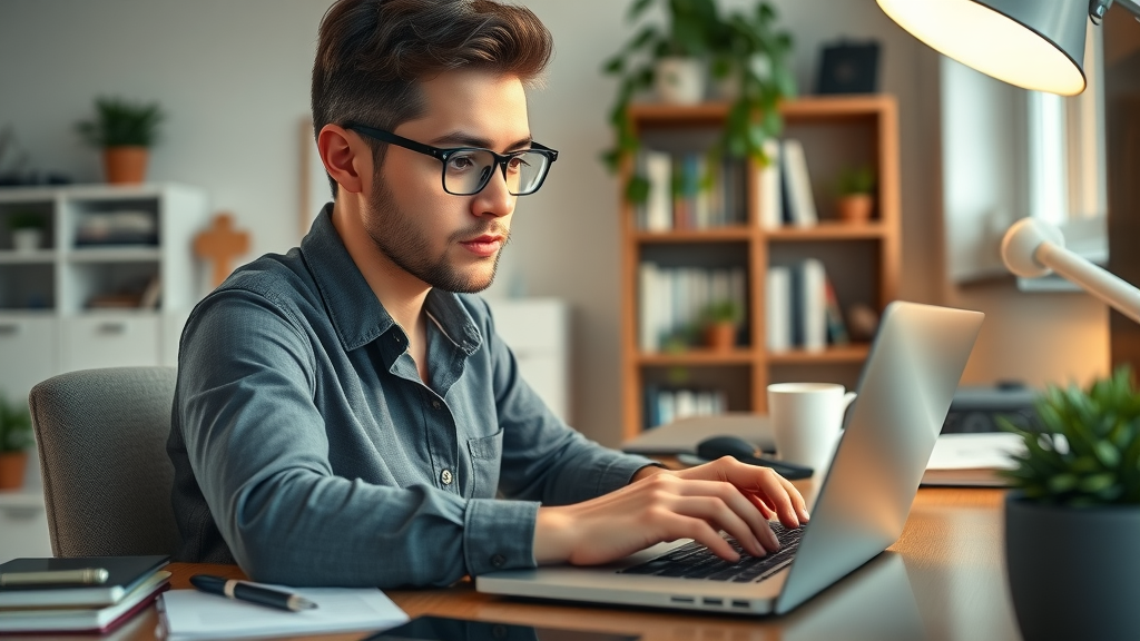 Professional blogger focused on writing high-quality blog posts at a home office desk with coffee and notes