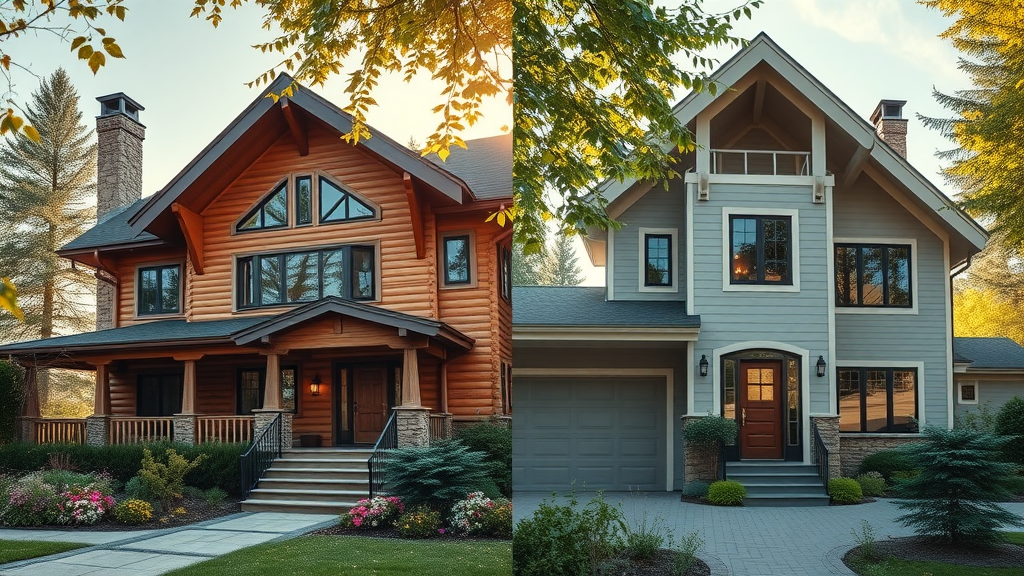 side-by-side comparison log home and traditional house, pros and cons, advantages of log homes