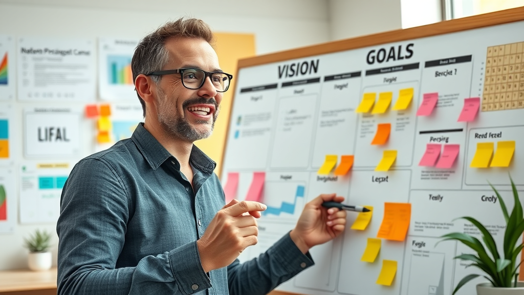 Ambitious coach mapping goals on vision board for high-end coaching business
