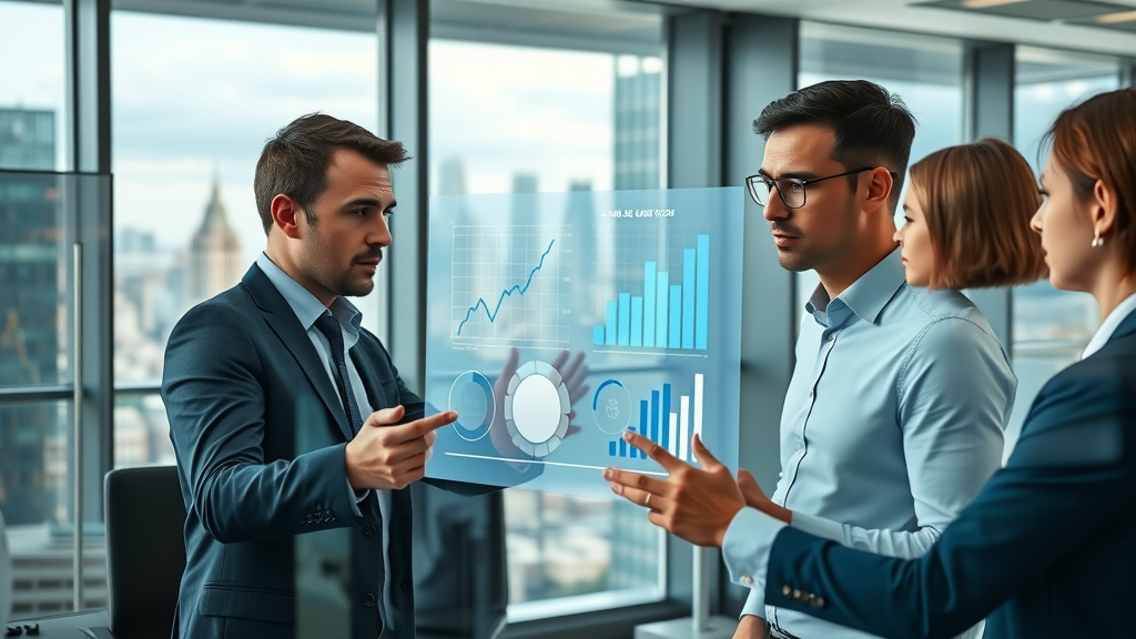 Cost per click analysis in a modern office, professionals analyzing digital ad metrics and ad campaign results on large screens using cost per click analysis