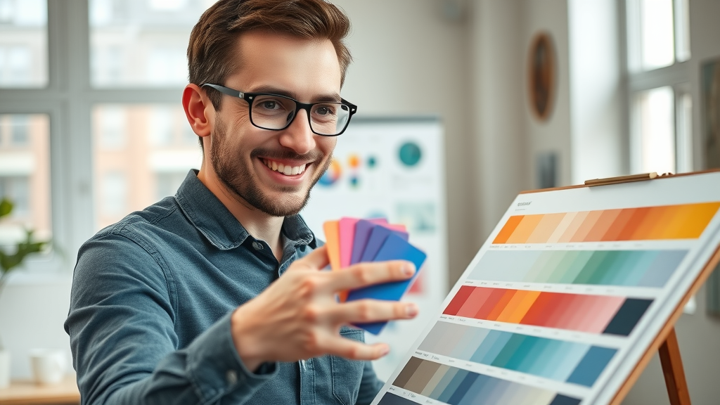 graphic designer arranging style guide and color palette board, refining visual identity for business branding