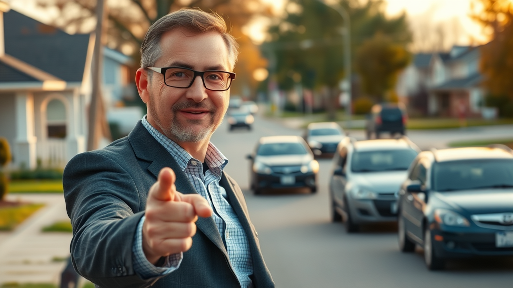 Confident real estate agent with local expertise highlighting neighborhood features