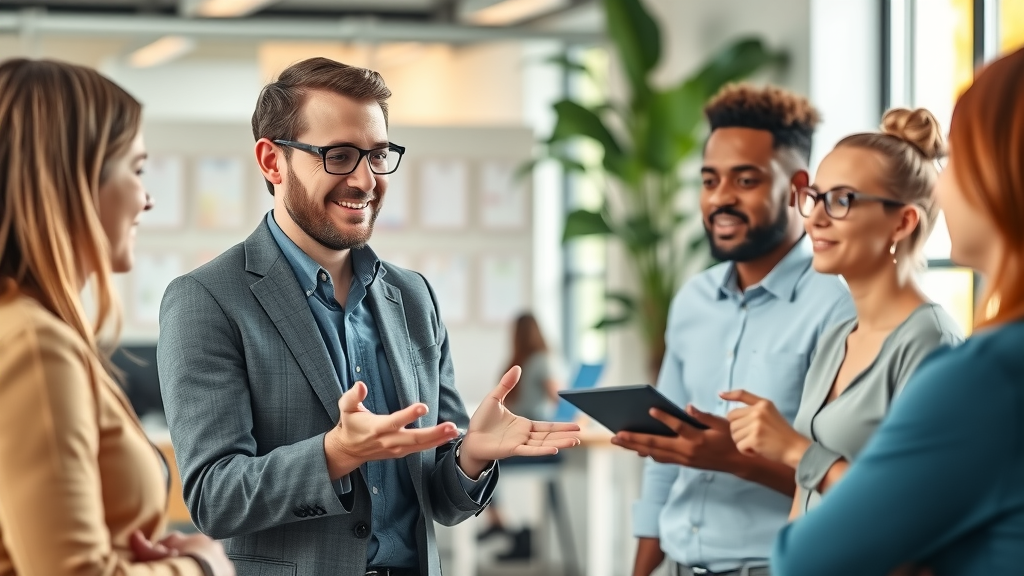 Consultant answering branding questions for Phoenix business owners, co-working scene, FAQs about marketing with stories.