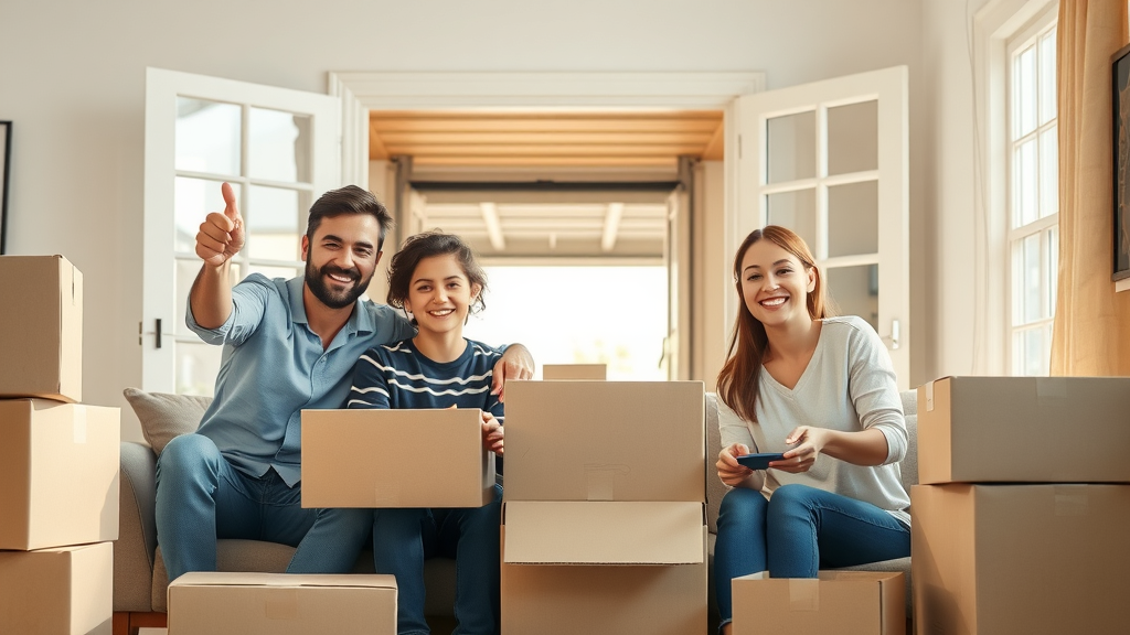 Happy family sitting among packed moving boxes with a professional mover, successful local move