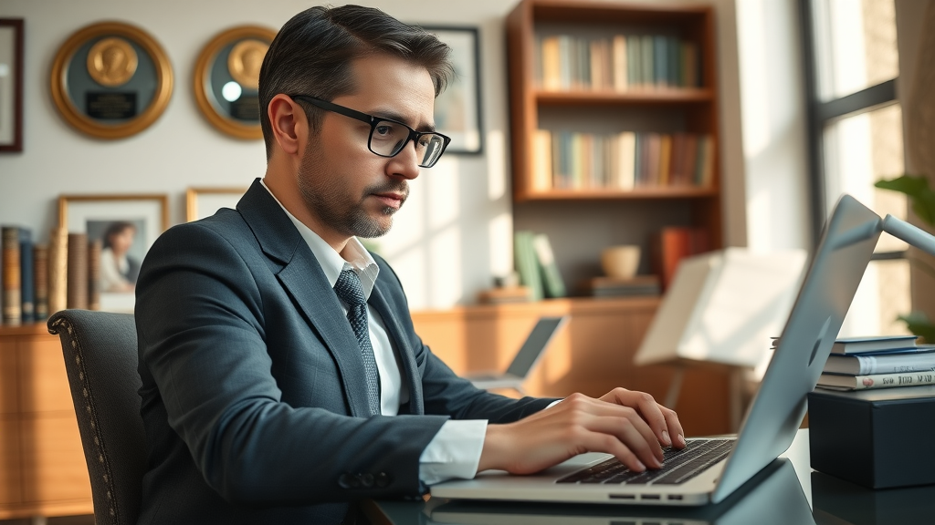 authoritative business professional writing high-quality content on laptop EEAT principles expertise trust google content quality