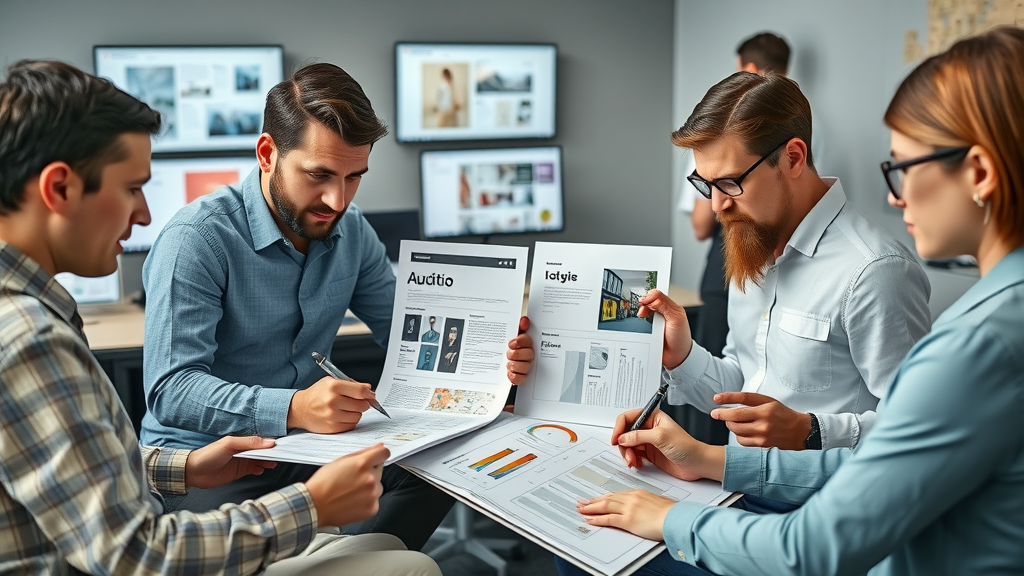 team reviewing diverse brand materials, annotating guidelines and visual elements, creative workspace - visual branding audit