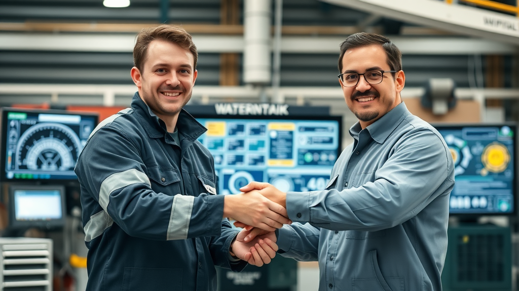 motivated shipyard apprentice and experienced technician shaking hands in front of advanced digital shipyard equipment