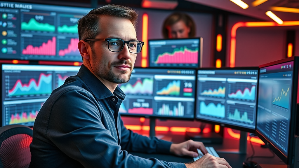 Digital marketer managing multiple campaign dashboards, tracking CPA and split-testing for paid traffic strategies, modern workspace