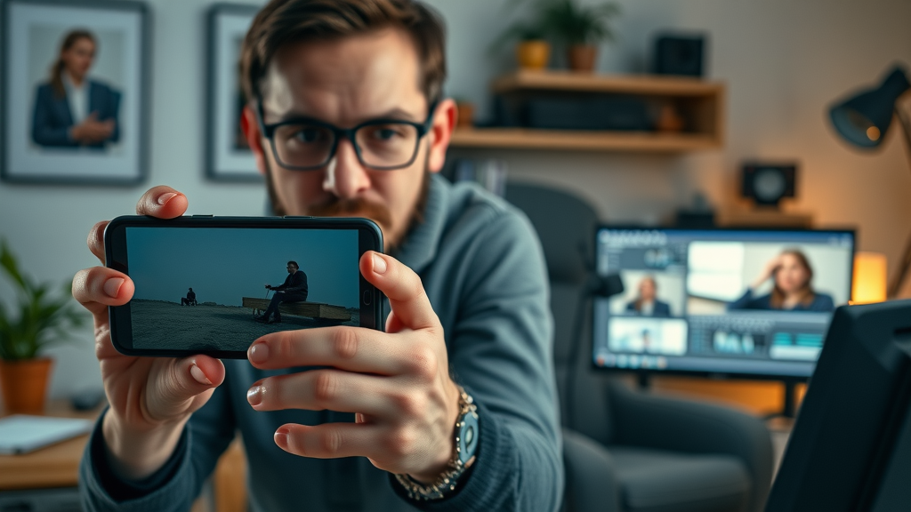 Split showing short-form video on mobile alongside long-form video editing for video marketing strategies