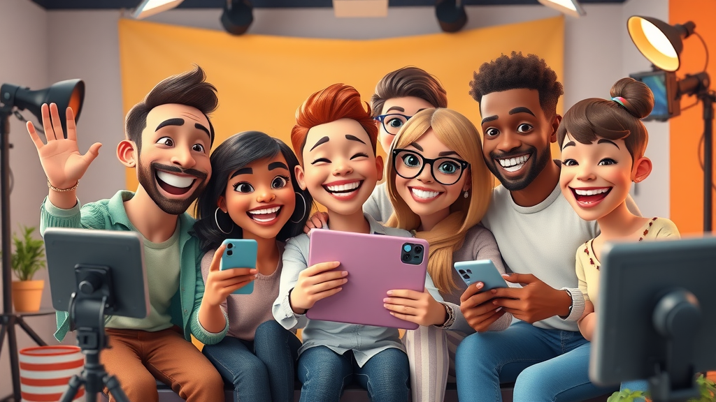 content marketing influencer group creating social media content in a collaborative studio for business promotion