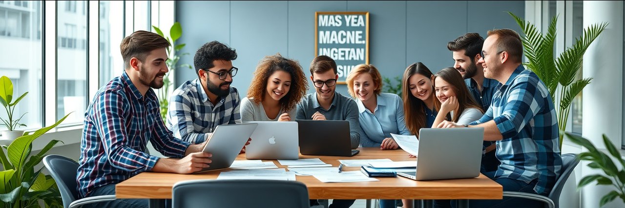 Young entrepreneurs brainstorm small business development in modern office workspace.