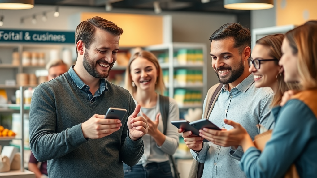happy small business customers actively engaged in referral and loyalty programs in modern retail