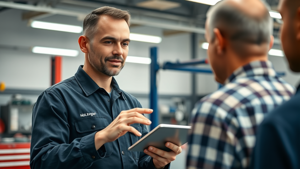 Mechanic explains the difference between minor and major car damage during vehicle damage assessment in a modern auto service garage