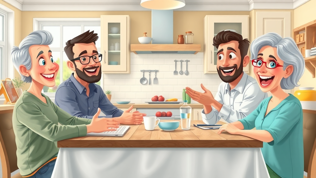 group of homeowners discussing reviews and trust for roofing contractor and plumber, friendly conversation, cartoon kitchen illustration