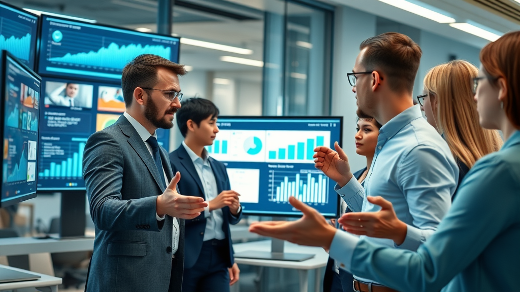 video marketing trends business professionals analyzing video marketing data on digital screens, modern high-tech office, displaying video trend statistics