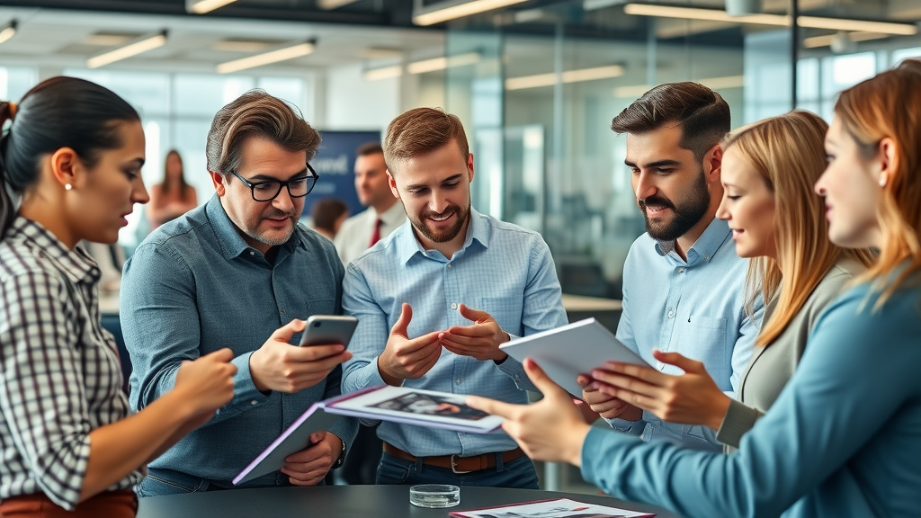 Professionals analyzing creative promotional products in modern office