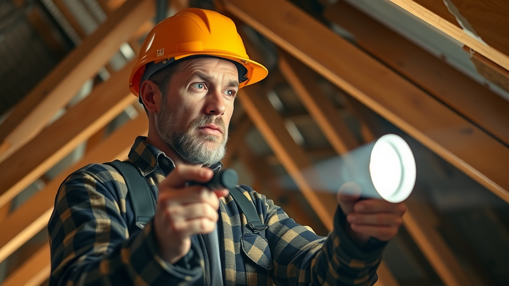 roof inspector focused expression attic water damage inspection, roof inspection steps, spotting hidden damage
