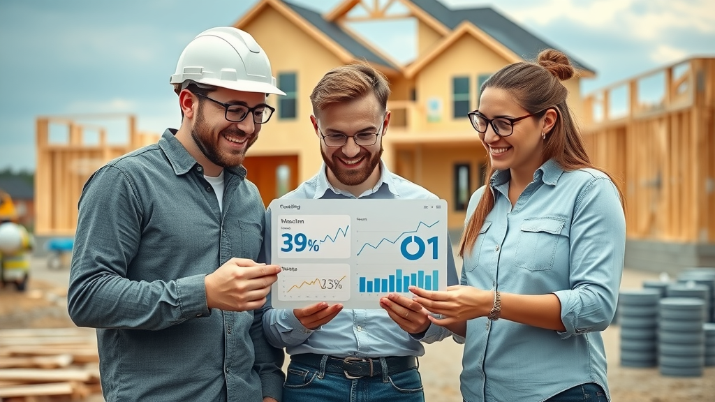Authentic construction site with team discussing blog statistics to demonstrate how local contractors can use blogging to build trust in their community. Digital overlays of blog analytics in vibrant midday light.