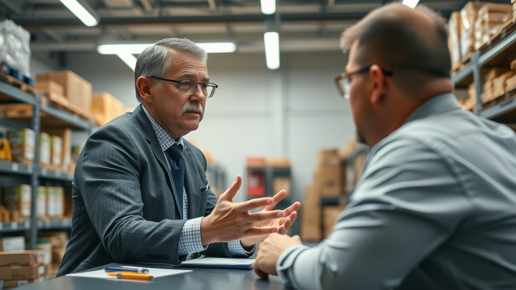 manager negotiating with vendor in supply room for cost savings