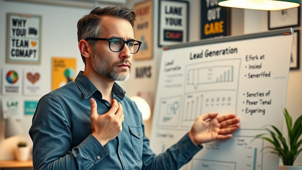 Thoughtful entrepreneur brainstorming solutions on a whiteboard with lead generation charts, representing the challenge of small business leads