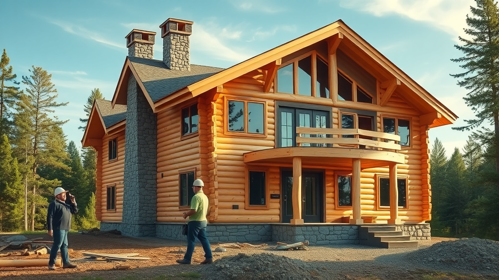 majestic log home under construction with sturdy foundation, builders inspecting, forested background, natural wood and stone accents, shot in soft morning light