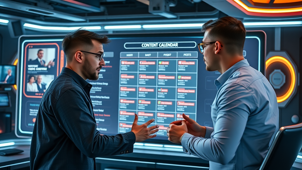 video marketing strategies marketers collaborating content calendar futuristic workspace