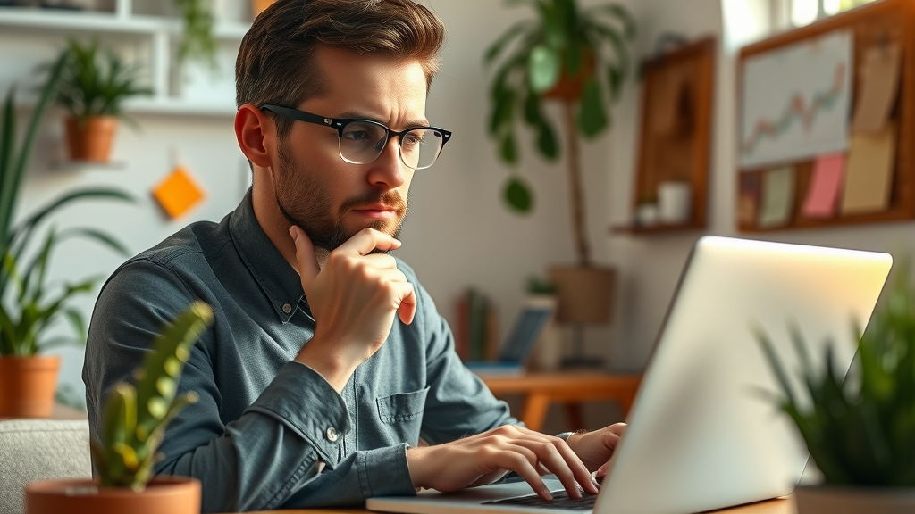 Focused marketer reviewing A/B test subject lines and email marketing performance in a cozy office