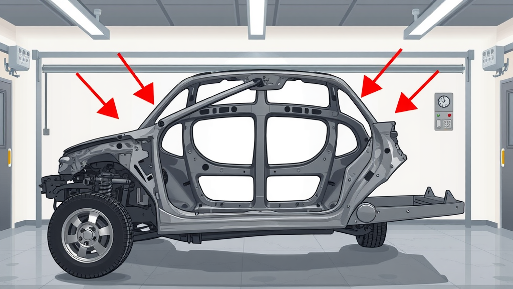 diagram of bent car frame and impact points for car frame straightening