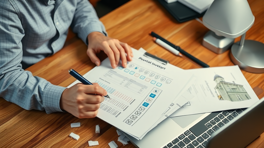 Professional real estate investor reviewing due diligence checklist and documents
