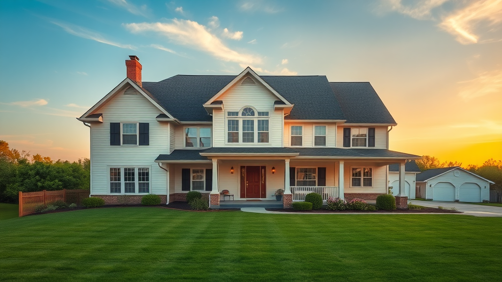 beautiful home with brand new roof glowing at sunset after professional roof installation