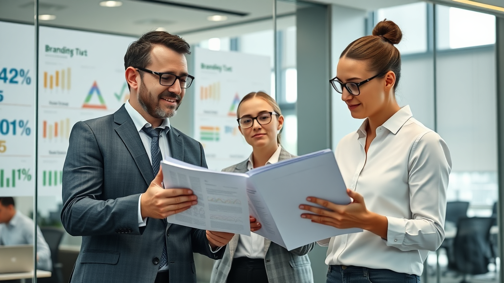 dynamic business professionals analyzing branding playbook with brand strategy charts