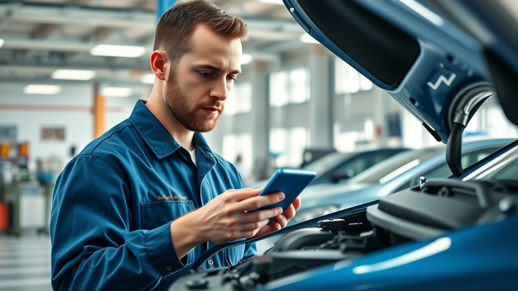 Auto repair expert diagnosing car engine with advanced diagnostic tool.