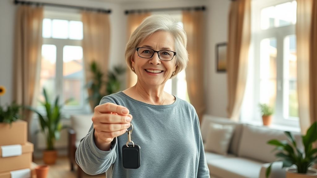 hecm for purchase happy senior woman holding house keys bright interior