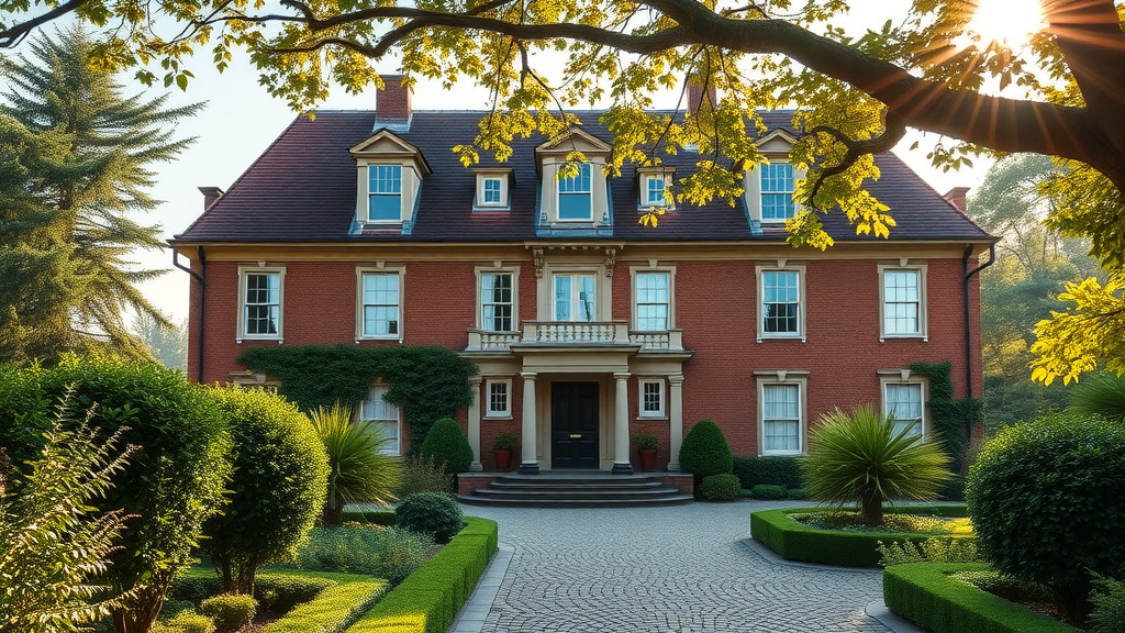 Historic mansion with mansard roof and dormer windows, types of roofs, brickwork and lush garden