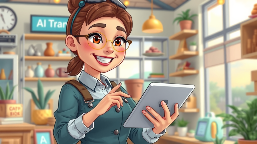 confident small business owner using user-friendly AI app in a cozy shop environment