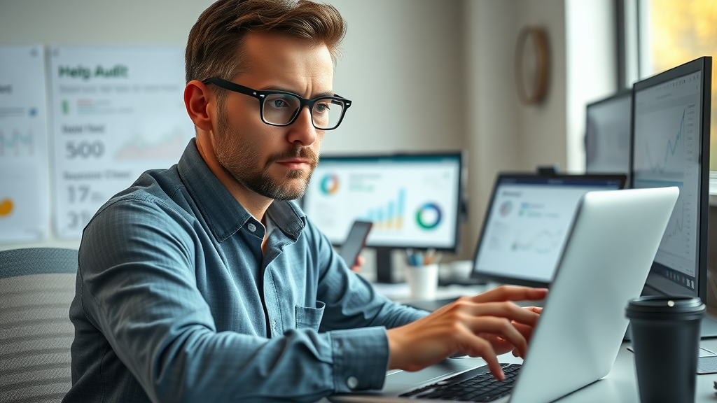 Dedicated SEO specialist analyzing digital marketing services website audit data on a laptop