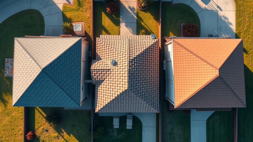 comparison of asphalt shingle, tile, and metal roof maintenance, different house rooftops in sunlight