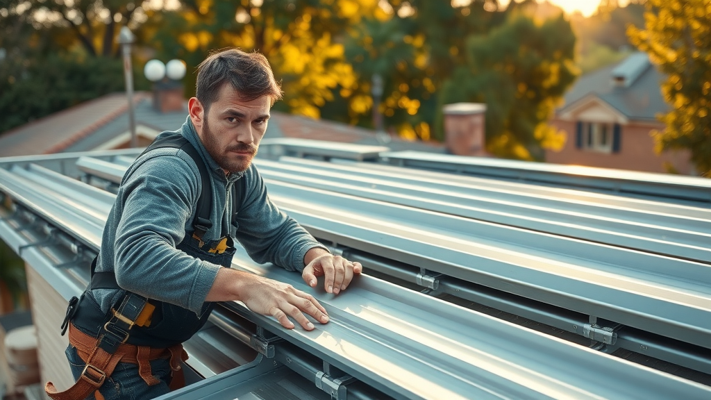 Metal roofing installation on contemporary home with skilled contractors, metal panels and vibrant sunlight