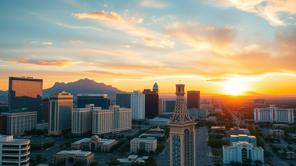 Property Investment Las Vegas - dynamic Las Vegas skyline, vibrant modern condos and older homes at sunrise