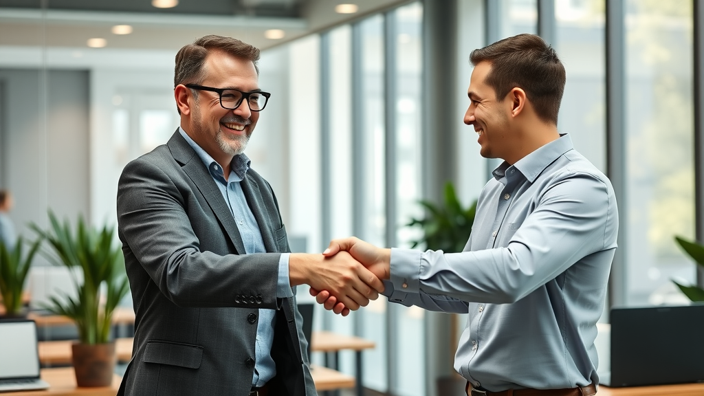 Handshake symbolizing partnership between business owner and affiliate marketer for traffic campaigns