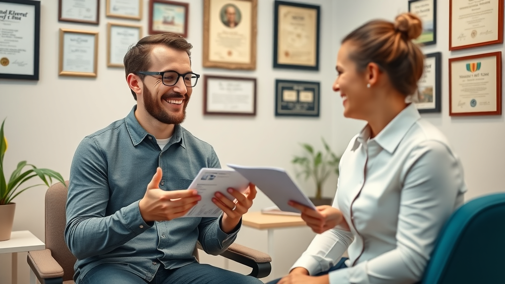 happy patient shares testimonial with sacramento chiropractor, certificates visible, comfortable consultation room