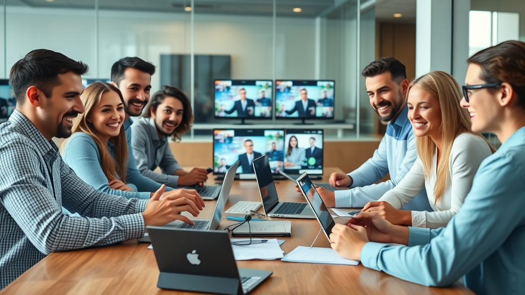 Dynamic team of marketers strategizing video content for video marketing in a modern office