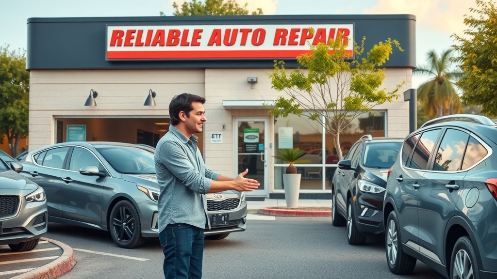 Modern auto repair shop exterior with handshake showing customer trust
