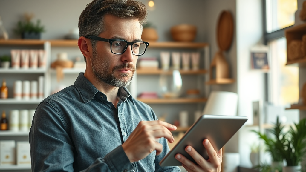 Small business owner reviewing digital marketing metrics to increase local business visibility in a well-lit store.