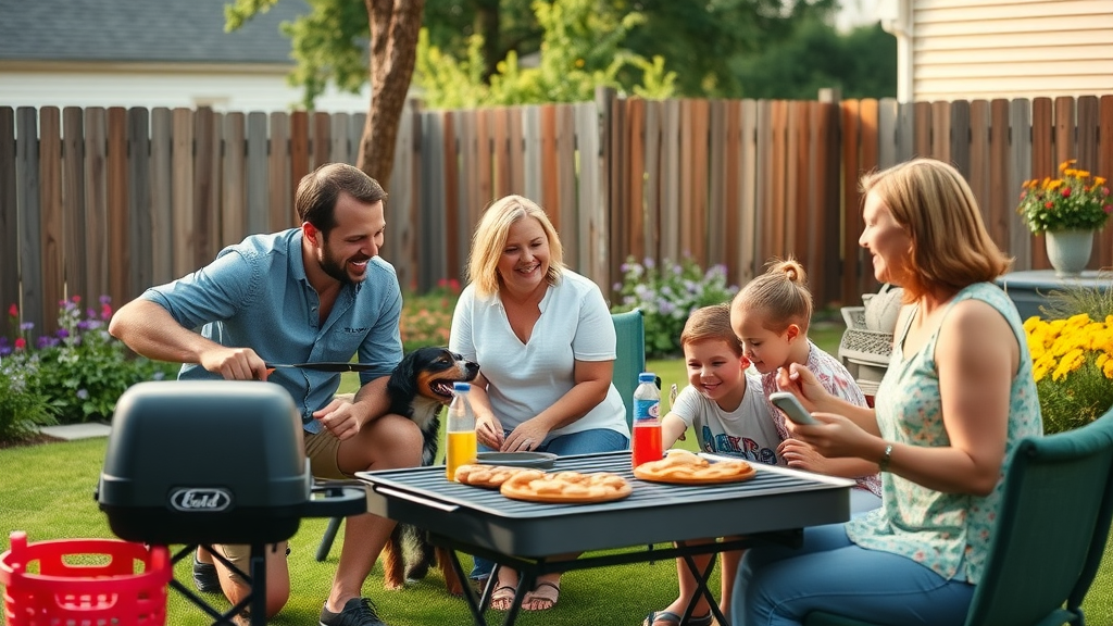 happy family enjoying backyard of single family home in Tucker GA, grilling and playing games in spacious fenced yard