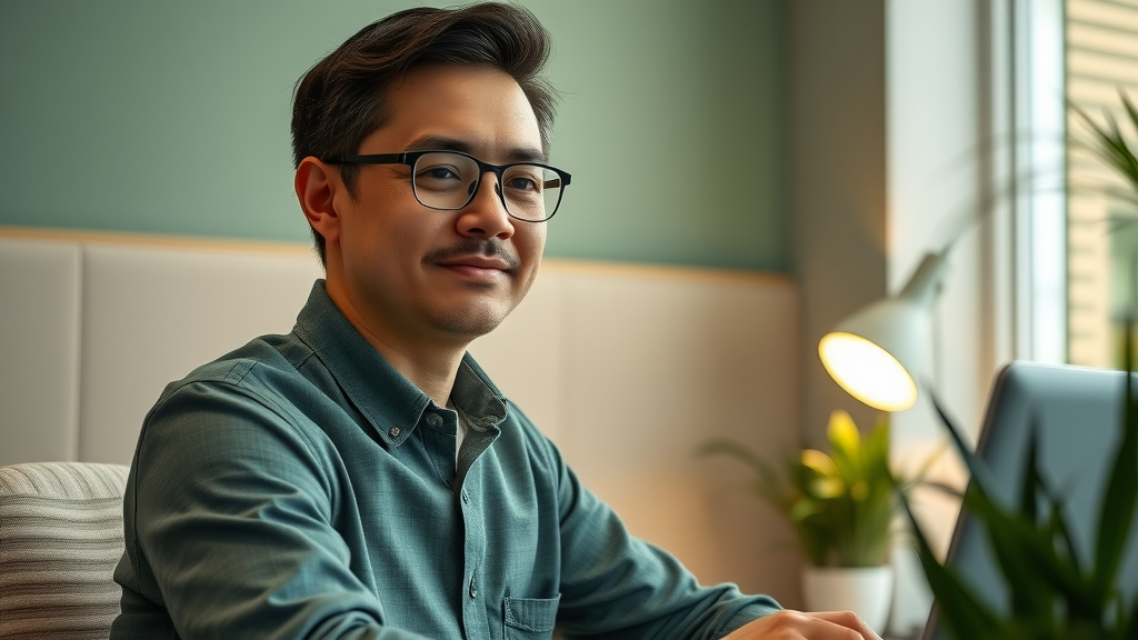 Calm employee in a sensory-friendly workspace with quiet zones, alternative lighting, acoustic panels, greenery, and a relaxed work environment supporting neurodivergent employees.