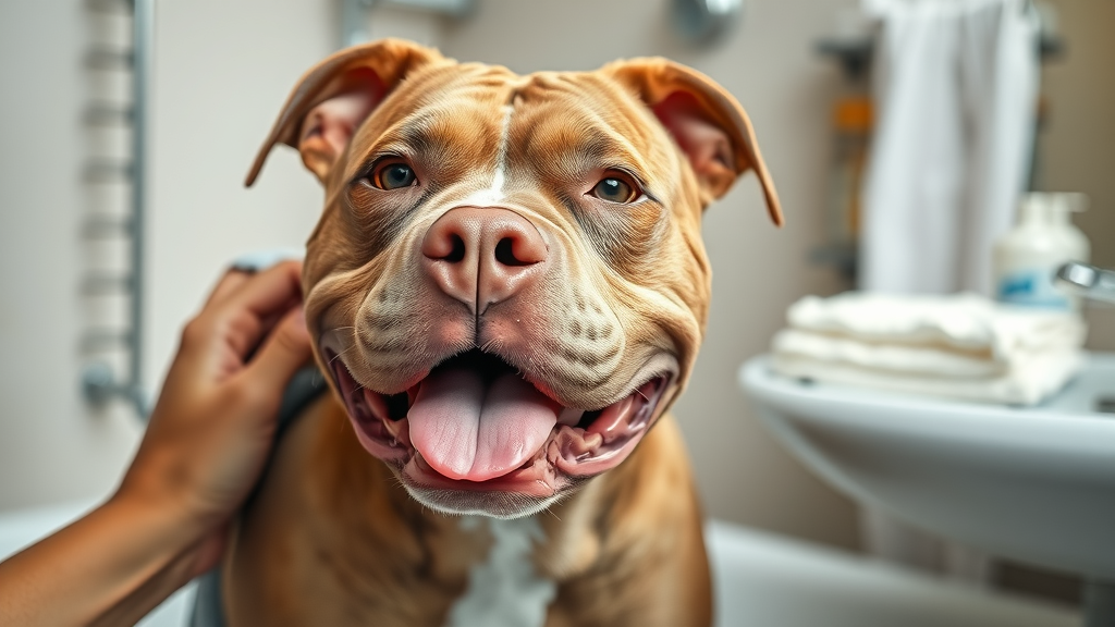 freshly bathed pit bull enjoying gentle towel dry, content facial expression, photorealistic high fidelity lifelike, home bathroom with clean towels and grooming supplies in background, highly detailed, water droplets and soft textures, neutral color tones, diffused daylight, shot with a 50mm lens. pit bull grooming